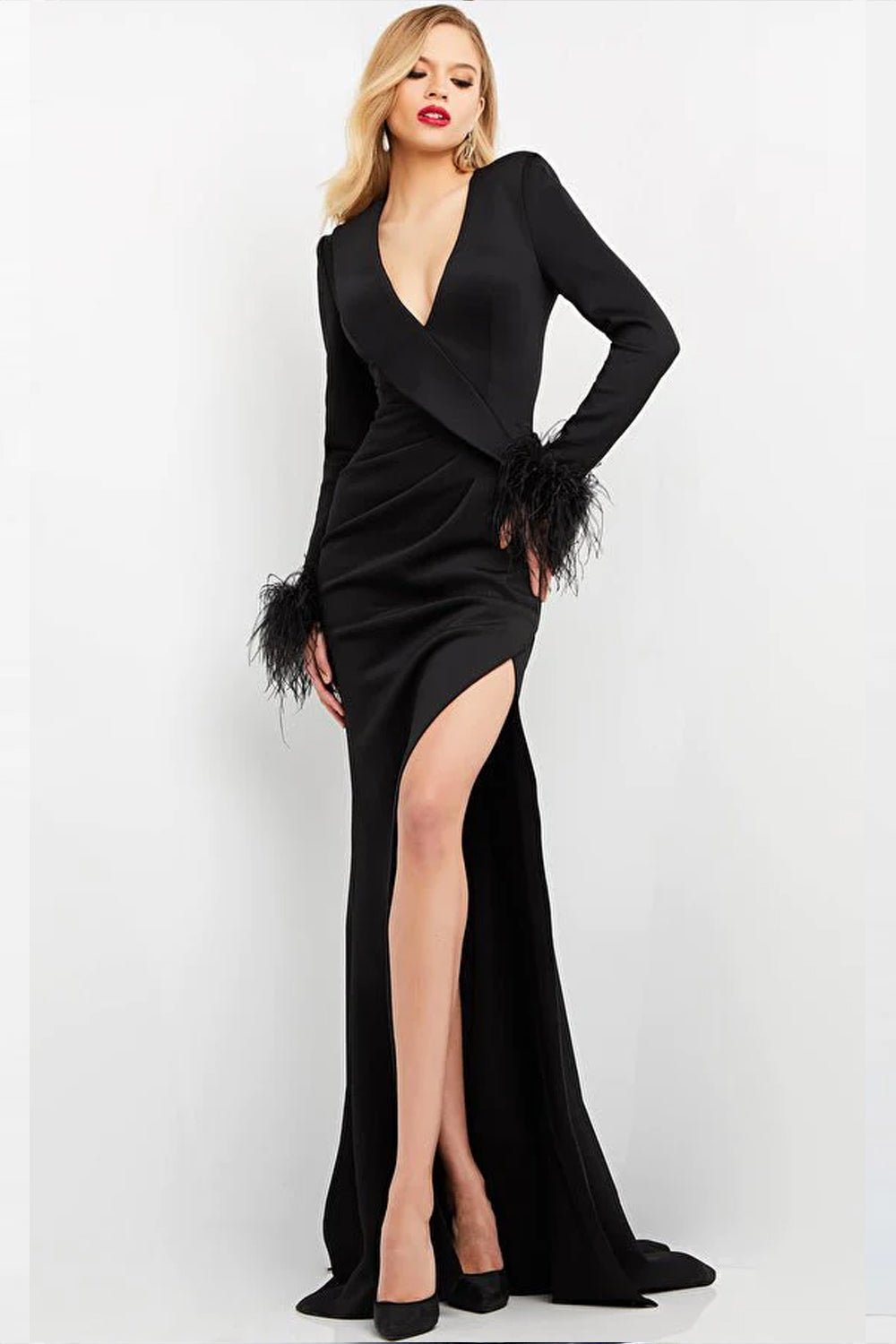 V Neckline Ruched Long Sleeve Gown Jovani 04501 Morvarieds