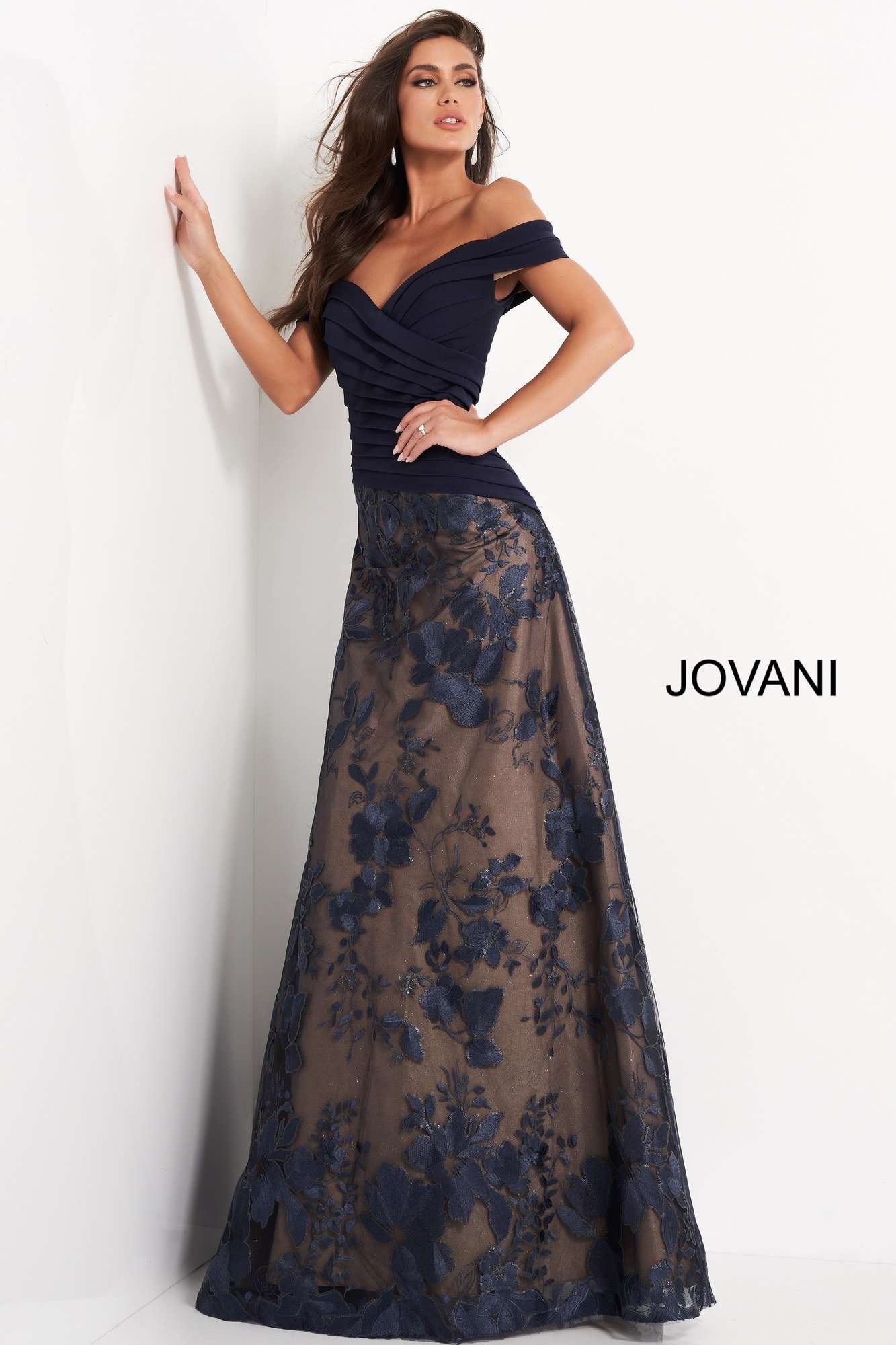 Navy Pleated Bodice A Line Evening Gown Jovani 02852 Morvarieds