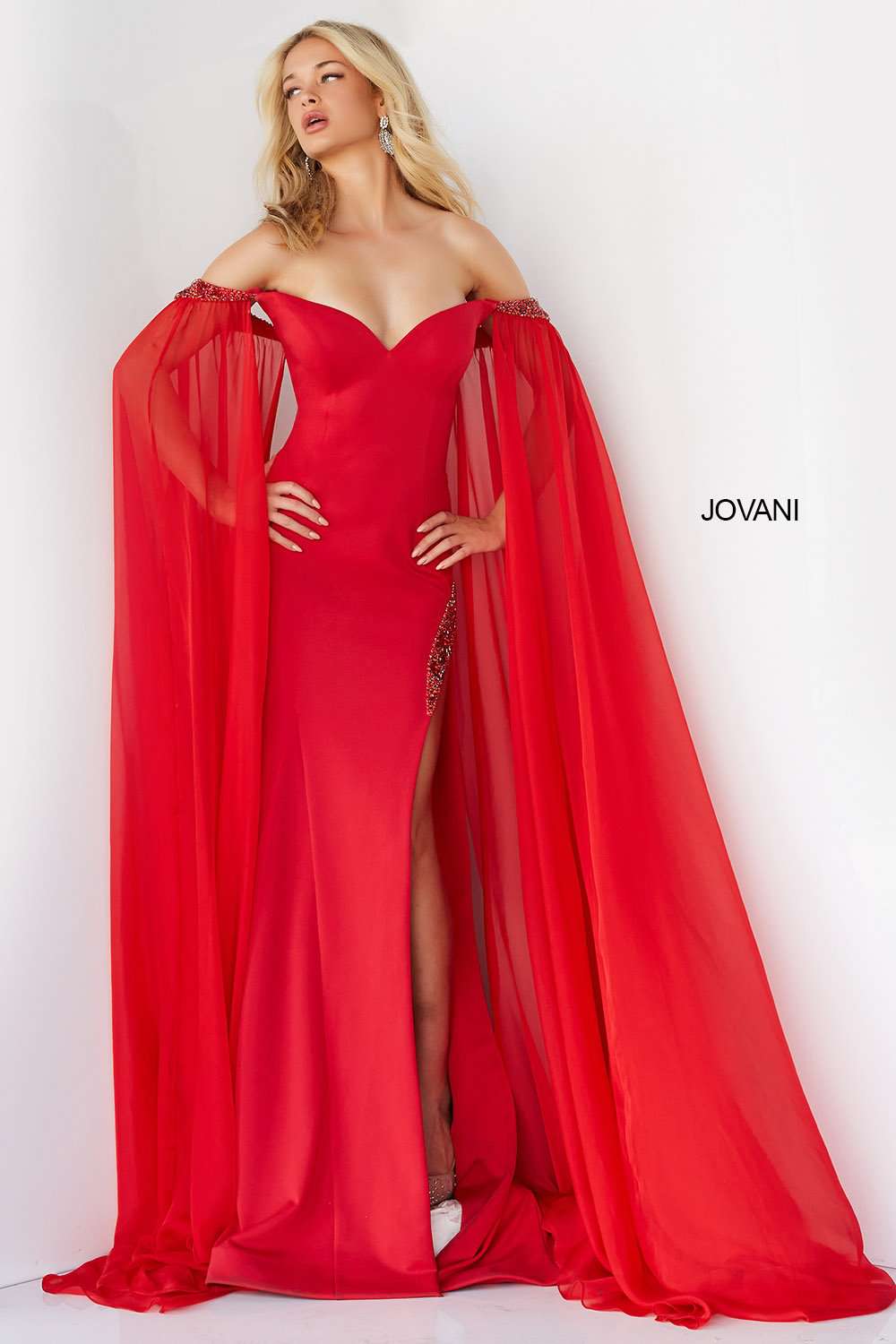 Jovani red off the shoulder dress best sale