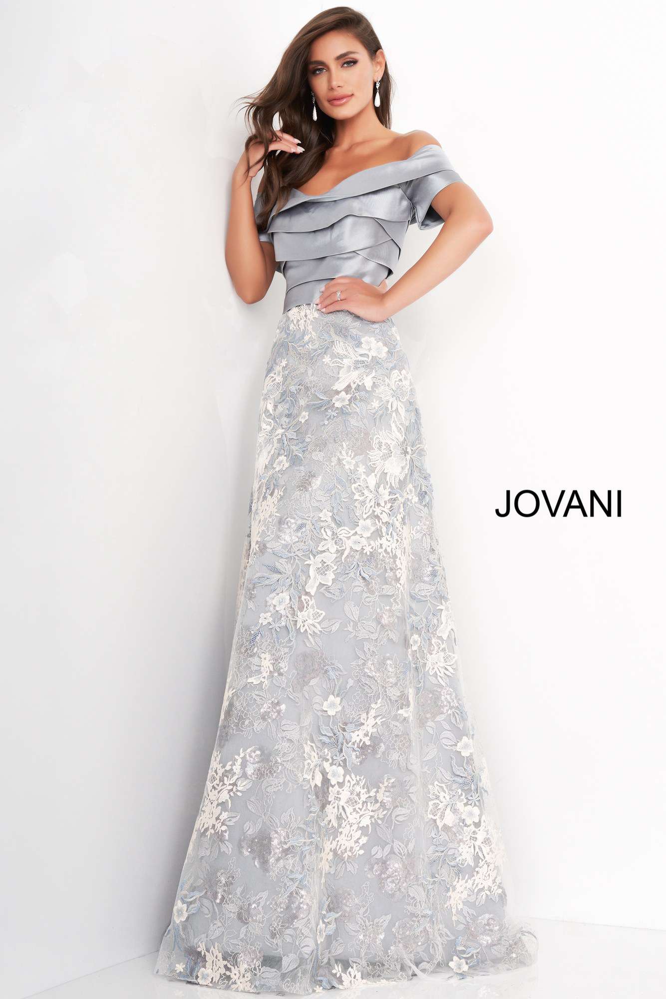 Grey Multi A Line Short Sleeve Evening Dress Jovani 02921 Morvarieds