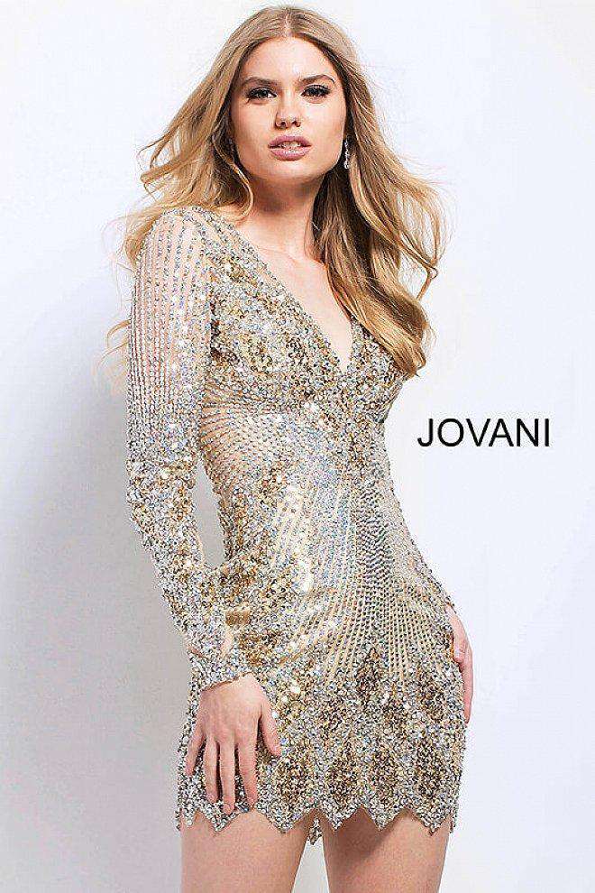 Long Sleeve V Neckline Embellished Cocktail Dress Jovani 27205