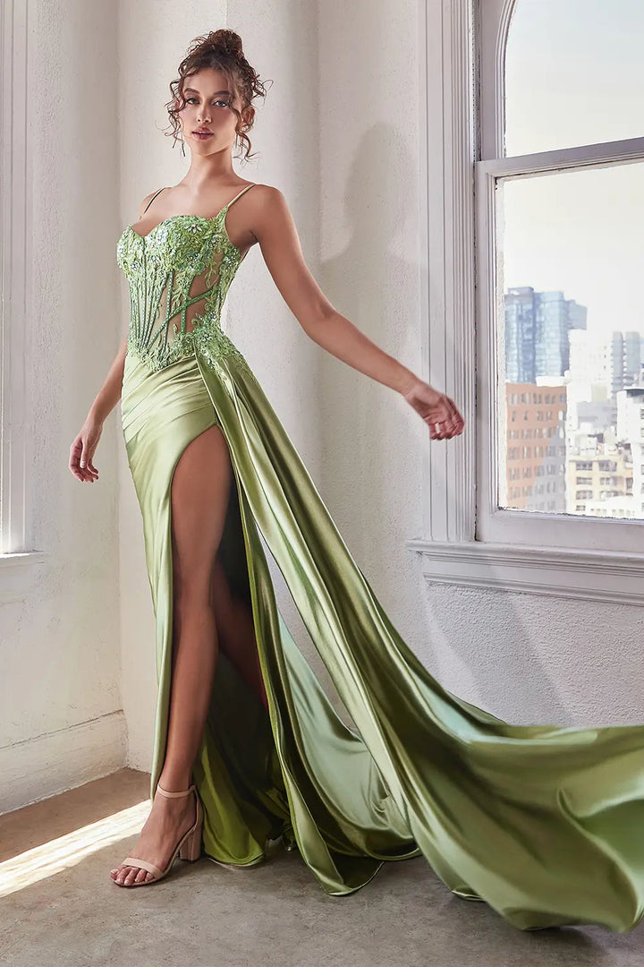 Greenery Embelished Lace and Satin Fited Gown | Ladivine CD868 - Morvarieds