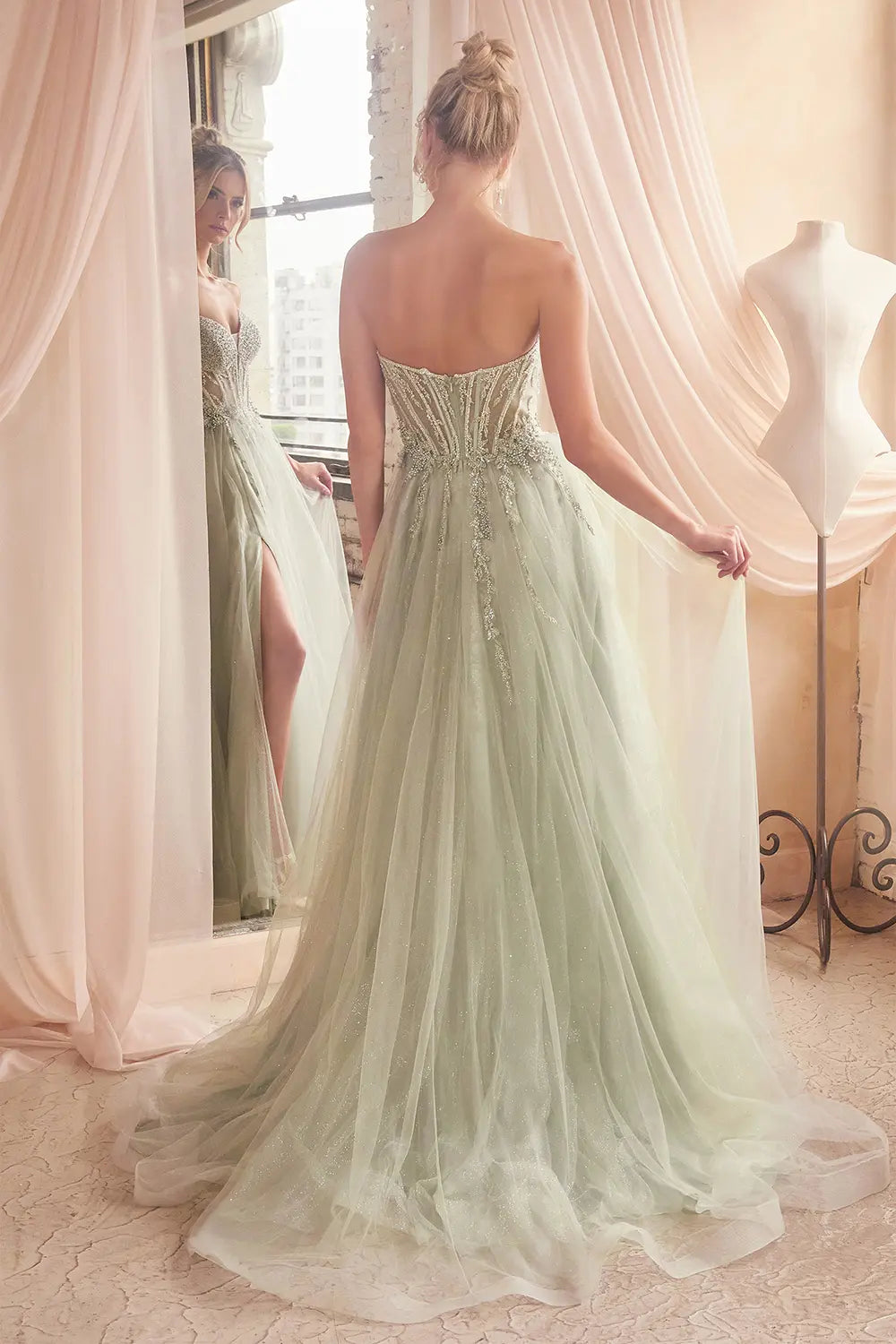 back of Sage colour Strapless Layered Tulle Ball Gown | Ladivine CD0230