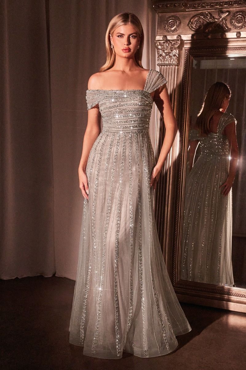 Off the Sholder A-line Beaded Gown | Ladvine CD0238- Morvarieds