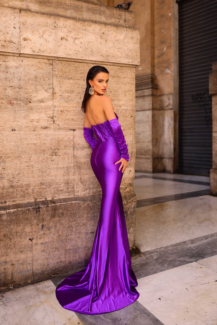 back of Corseted Bodice Evening Dress | Nicoletta Dress NC1093 (Jadore) in purple colour