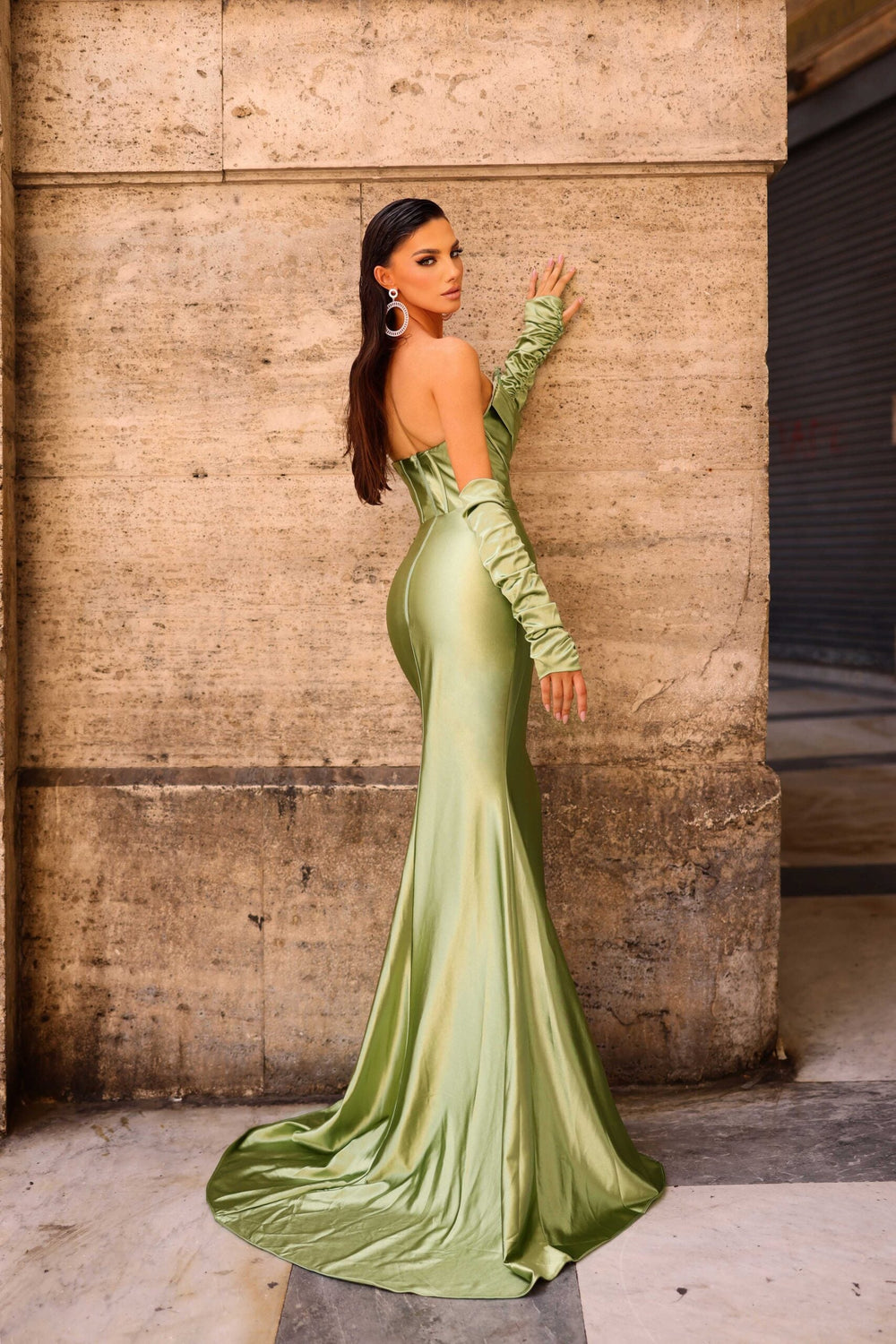 back of Corseted Bodice Evening Dress | Nicoletta Dress NC1093 (Jadore) in soft sage colour