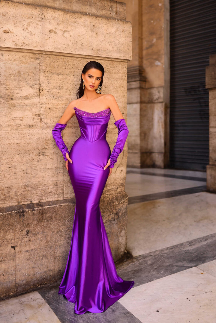 fron of Corseted Bodice Evening Dress | Nicoletta Dress NC1093 (Jadore) in purple colour