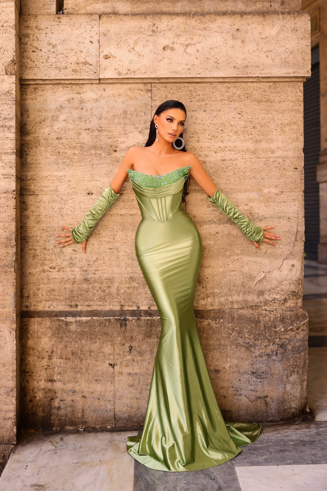 fron of Corseted Bodice Evening Dress | Nicoletta Dress NC1093 (Jadore) in soft sage colour