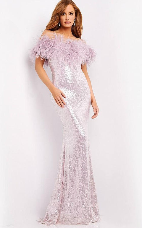 Sequin Feather Neckline Prom Dress Jovani 06166 - Morvarieds Boutique
