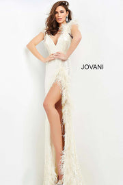 High Slit Feather Embellished Prom Dress Jovani 06164 - Morvarieds Fashion