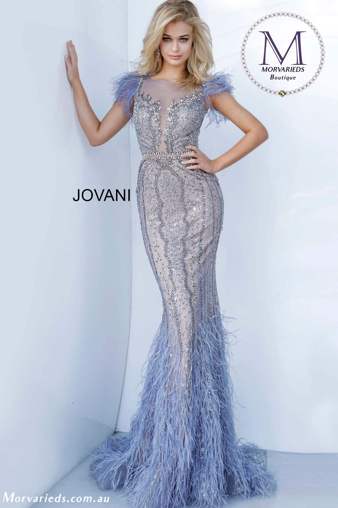 Vintage Blue Beaded Feather Embellished Evening Dress Jovani 02326 - Morvarieds Fashion