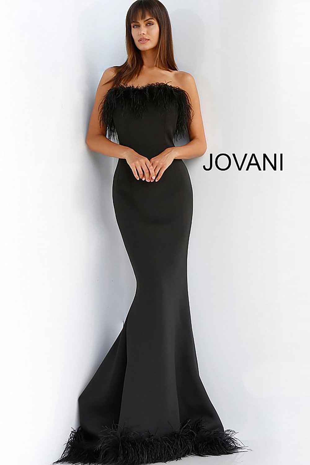 Feather Neckline Strapless Mermaid Wedding Dress Jovani 63891 - Morvarieds Fashion
