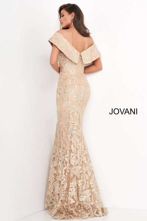 Gold Lace V Neck Evening Gown Jovani 02923 - Morvarieds Fashion