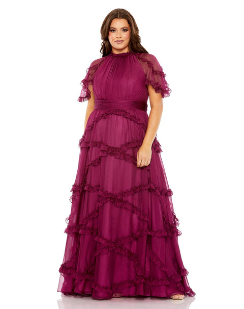 High Neck Ruffle Tiered Flutter Sleeve Gown | Mac Duggal 68424 - Morvarieds Fashion