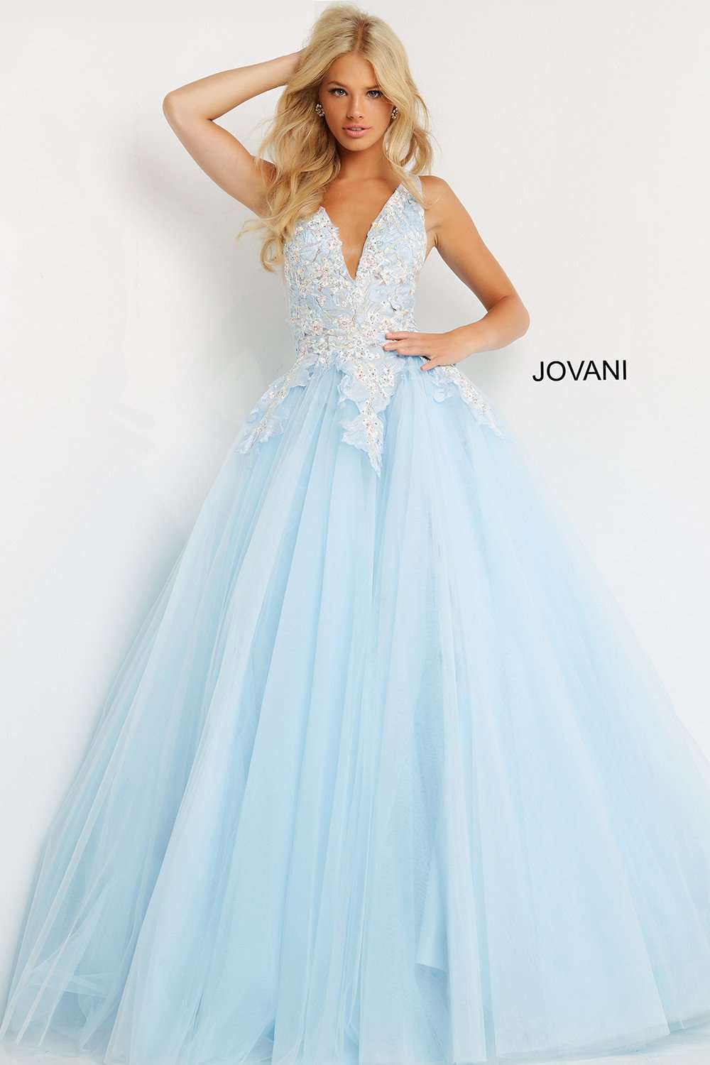 Baby blue floral deals prom dress