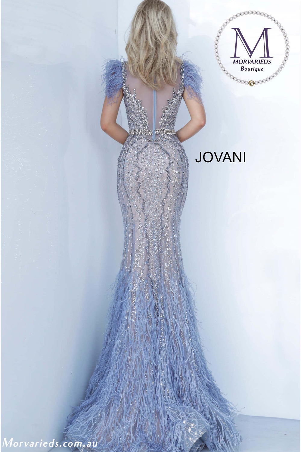 Vintage Blue Beaded Feather Embellished Evening Dress Jovani 02326 - Morvarieds Fashion
