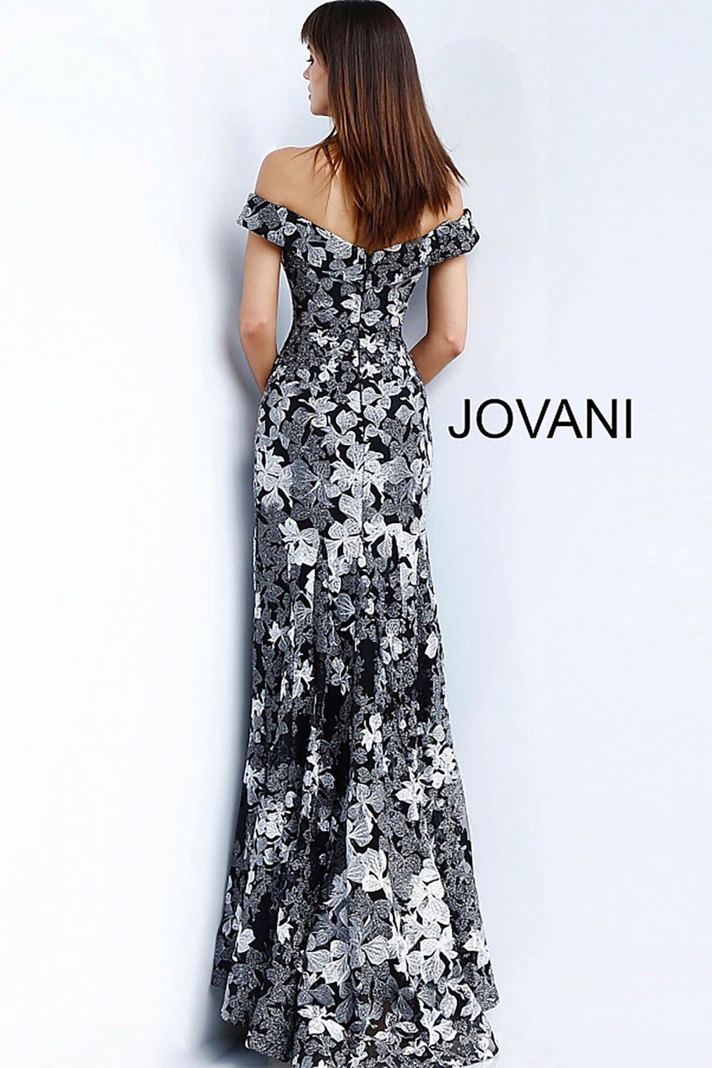 Black Grey Floral Embroidered Off the Shoulder Evening Dress Jovani 61380 - Morvarieds Fashion
