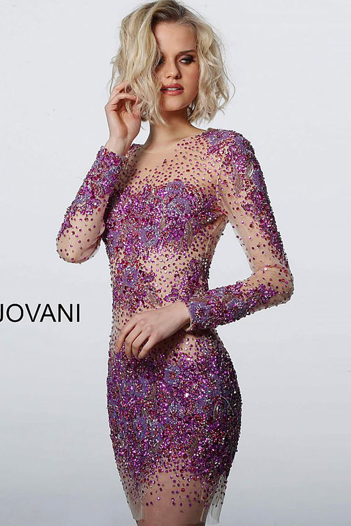 Sheer Beaded Long Sleeve Short Dress Jovani 47598 - Morvarieds Fashion