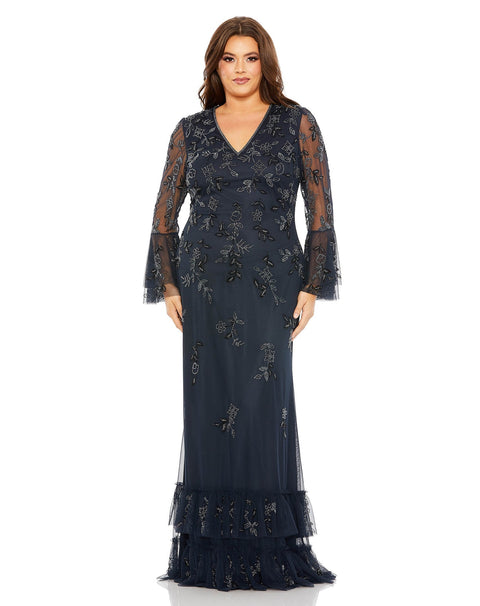 V Neck Embellished Flutter Tiered Long Sleeve Gown | Mac Duggal 9239 - Morvarieds Fashion