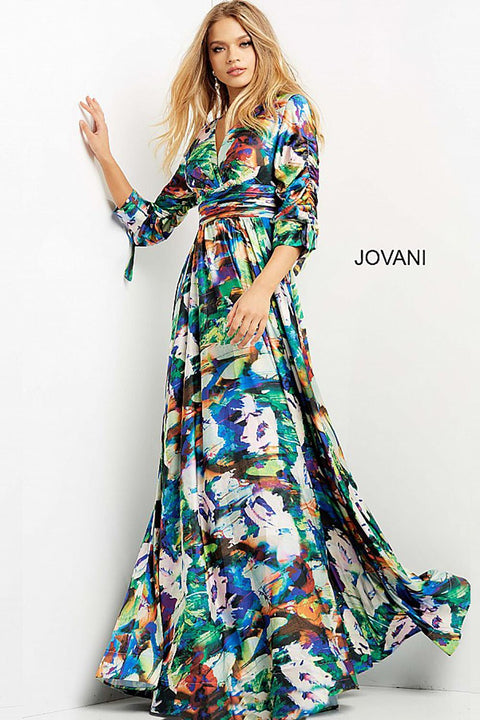 Print V Neck Three Quarter Sleeve Prom Gown Jovani 08584 - Morvarieds Fashion
