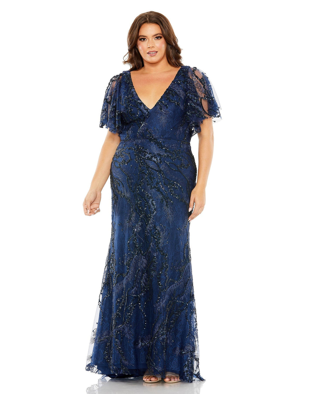V Neck Flutter Sleeve Embellished Gown | Mac Duggal 68432 - Morvarieds Fashion