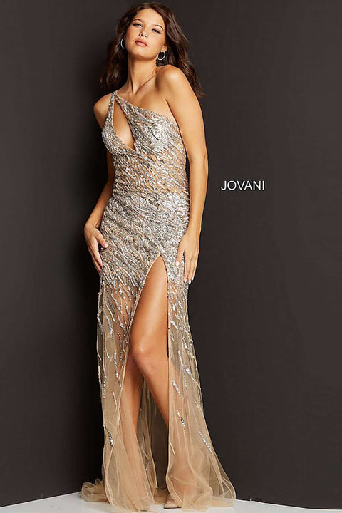Silver Nude Fully Embellished One Shoulder Prom Dress Jovani 07185 - Morvarieds Fashion
