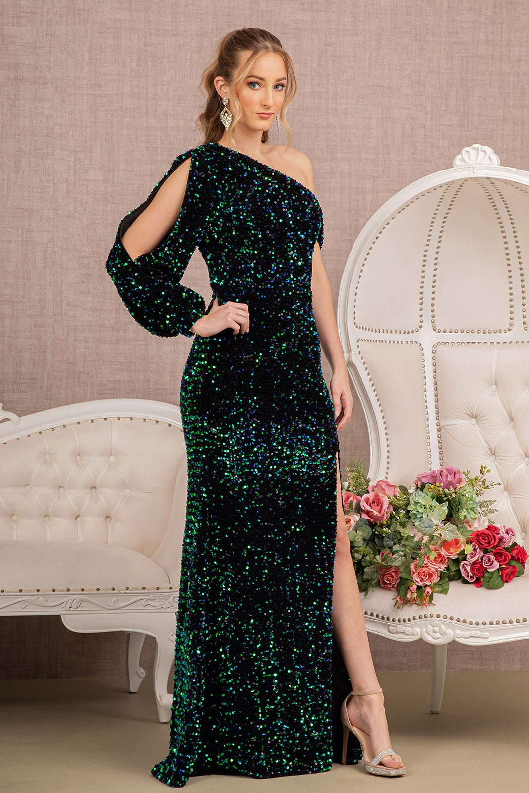 Sequin Asymmetric Velvet Mermaid One Long Puff Sleeve Elizabeth K Dress GL3159 - Morvarieds Fashion