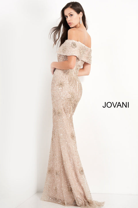 Champagne Off the Shoulder Beaded Evening Dress Jovani 03412 - Morvarieds Fashion