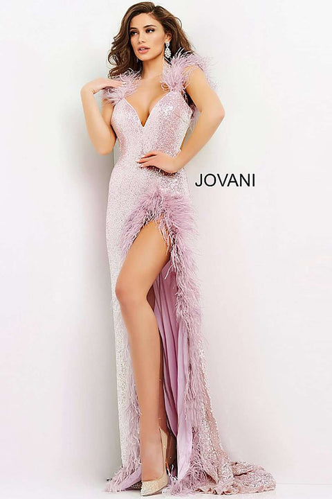 High Slit Feather Embellished Prom Dress Jovani 06164 - Morvarieds Fashion