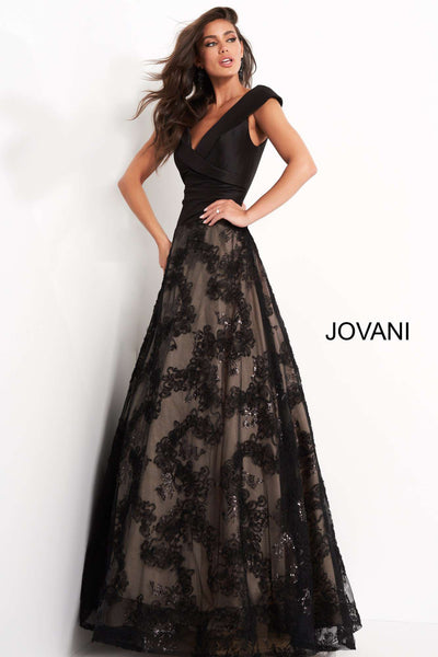 Black A Line V Neck Evening Gown Jovani 03330 - Morvarieds Fashion