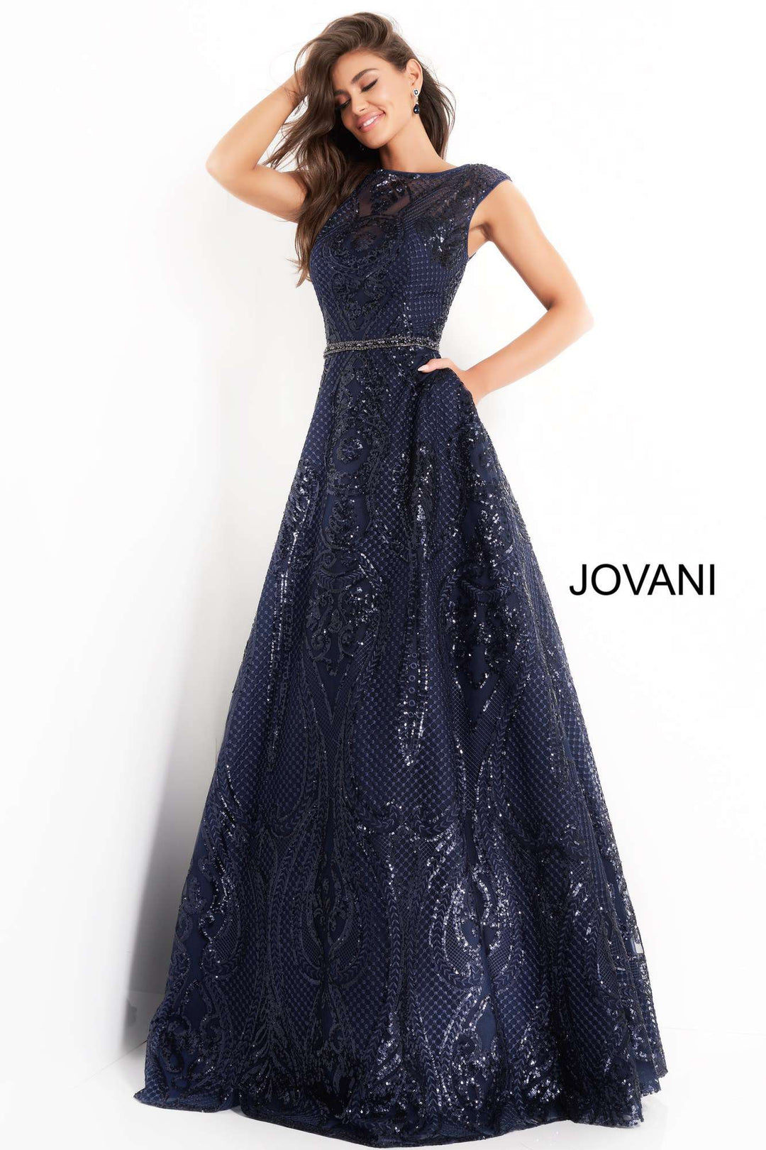 Navy Embellished A Line Evening Gown Jovani 02514 - Morvarieds Fashion