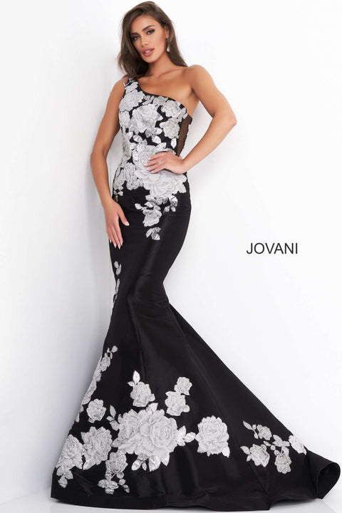 Black Silver Floral One Shoulder Evening Dress Jovani 3918 - Morvarieds Fashion