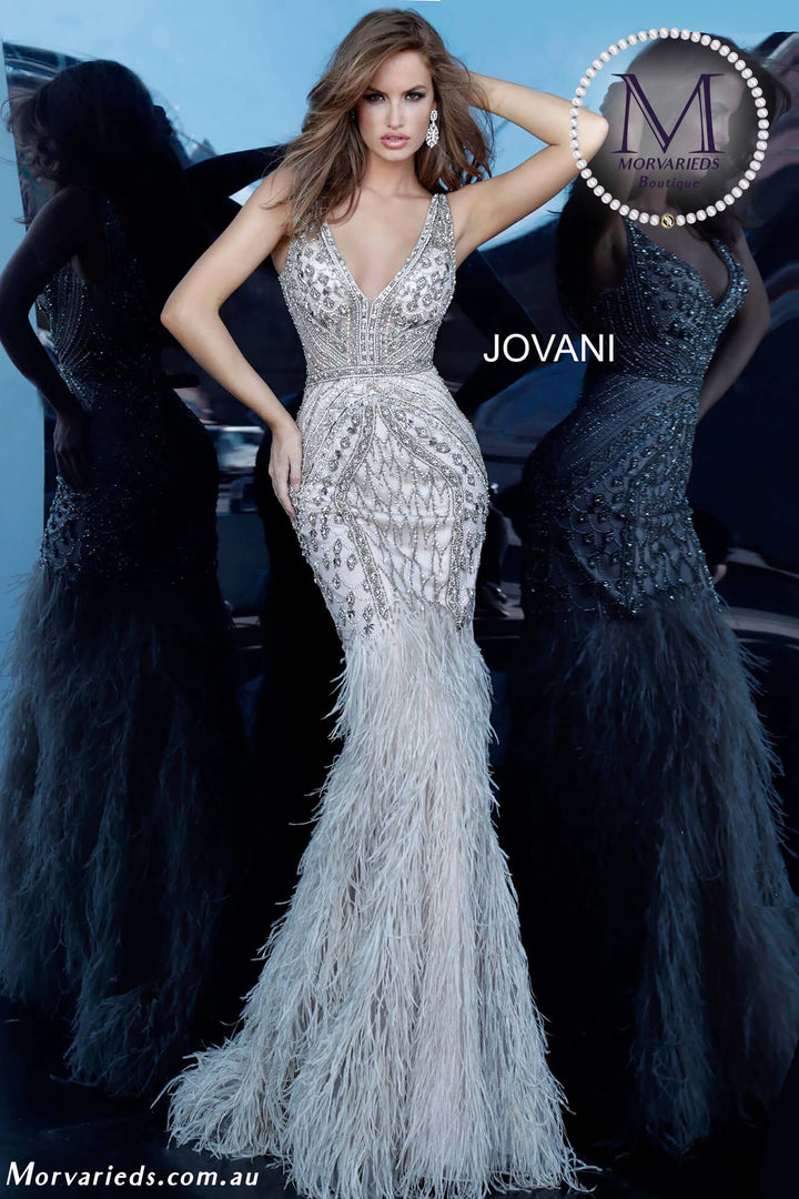 Silver Feather Embellished Evening Dress Jovani 02798 - Morvarieds Fashion