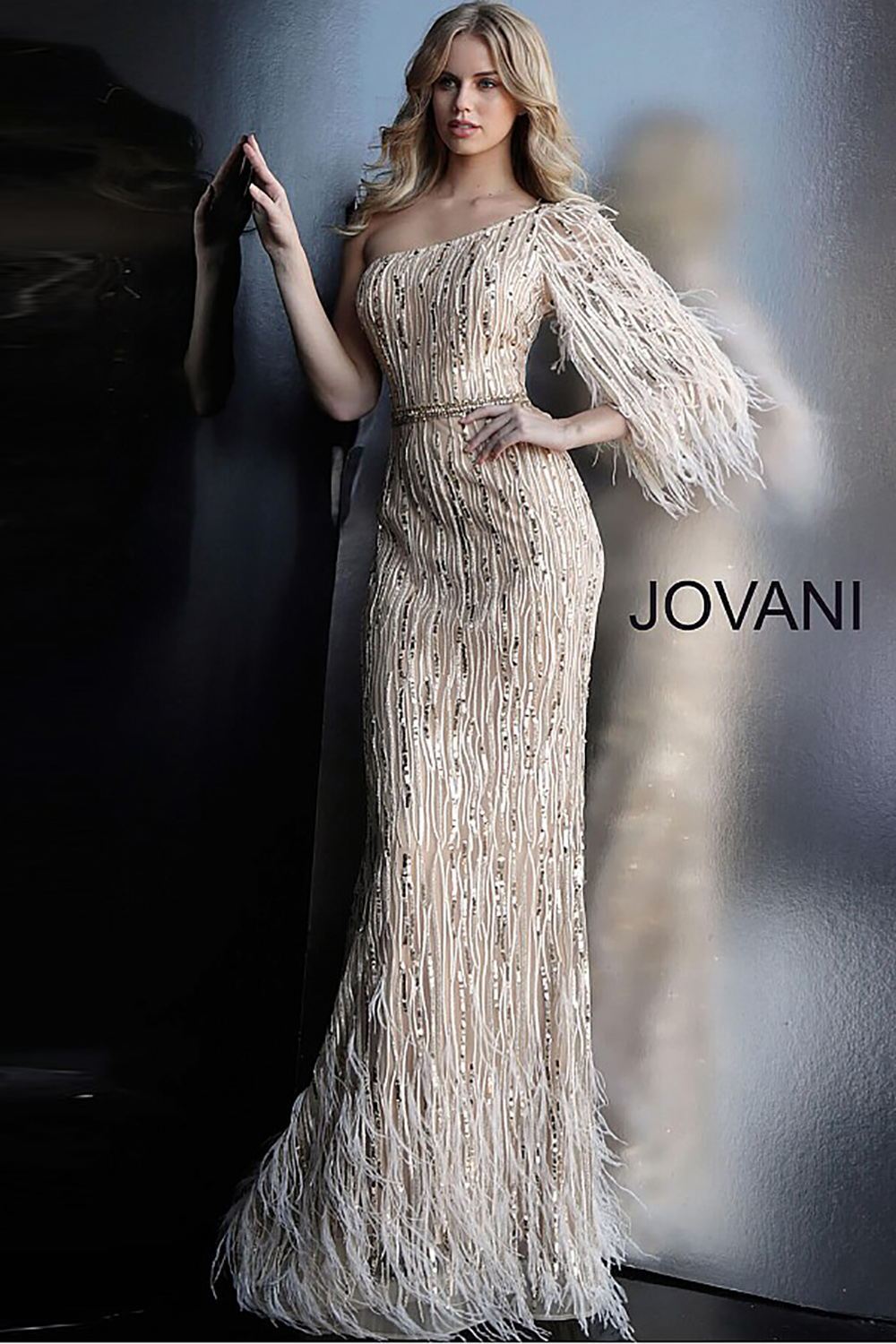 Gold One Shoulder Embellished Prom Dress Jovani 63342 - Morvarieds Fashion