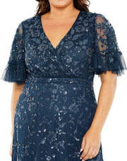 Sequin Embellished Flutter Sleeve Faux Wrap V Neck Tiered Gown | Mac Duggal 9270 - Morvarieds Fashion