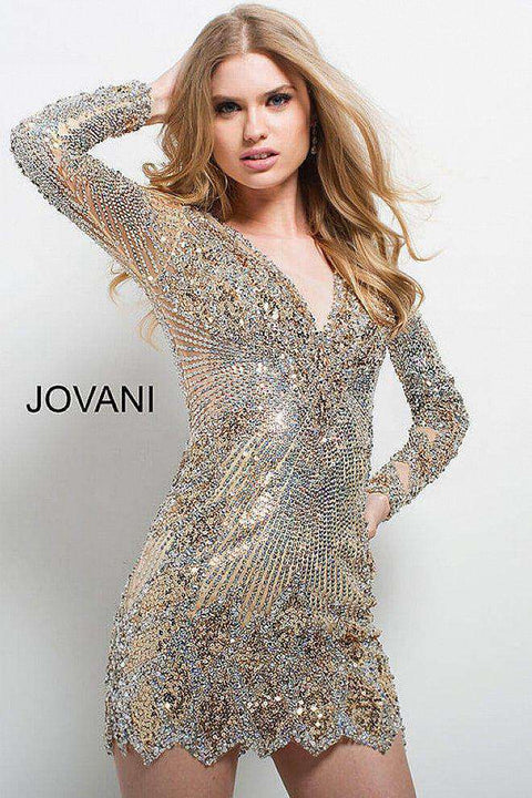 Long Sleeve V Neckline Embellished Cocktail Dress Jovani 27205 - Morvarieds Fashion