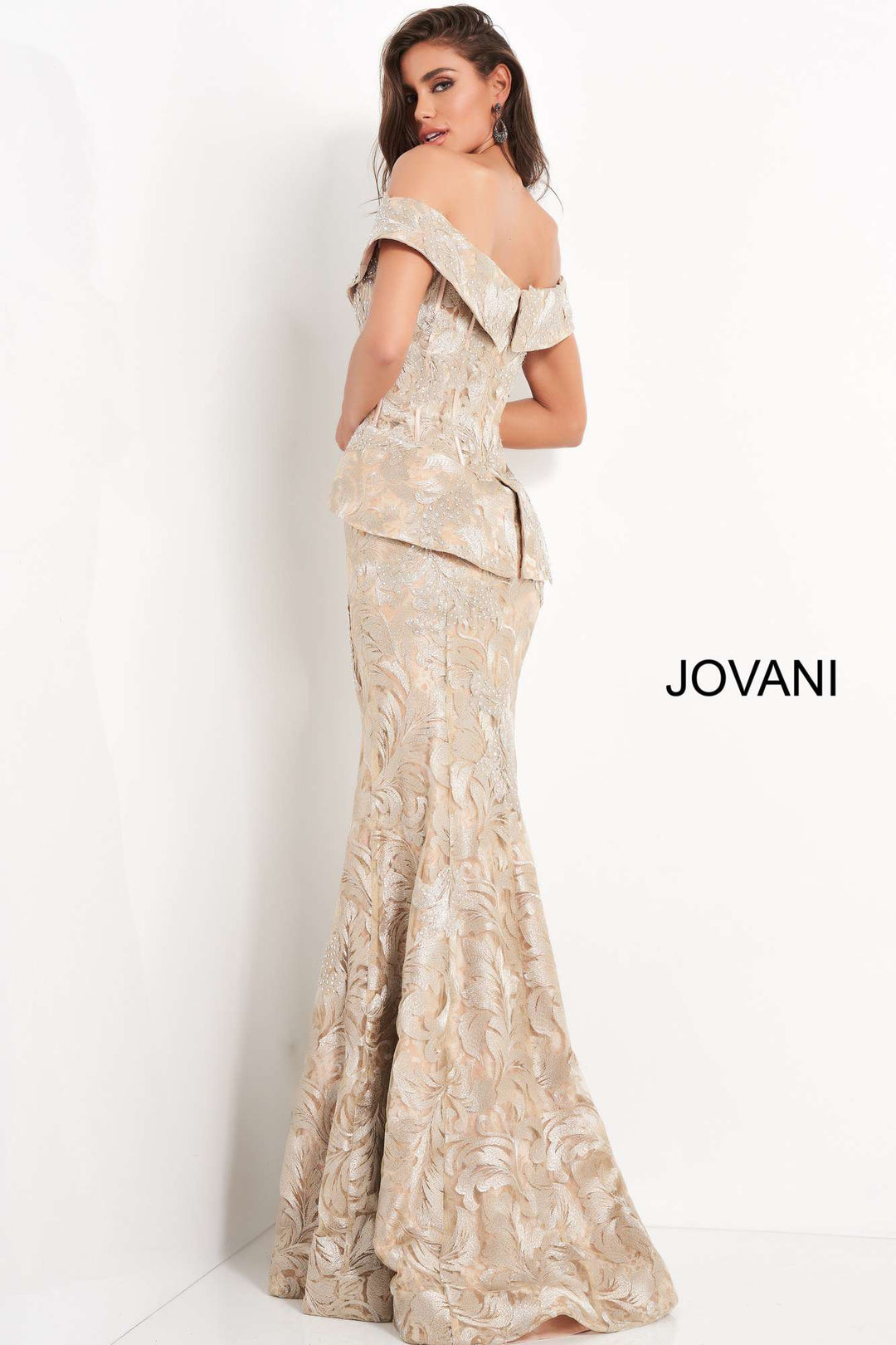 Gold Embellished Off the Shoulder Evening Dress Jovani 02762 - Morvarieds Fashion