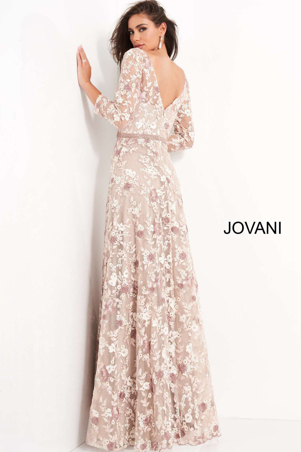 Pink Floral Embroidered V Neck Evening Dress Jovani 04451 - Morvarieds Fashion