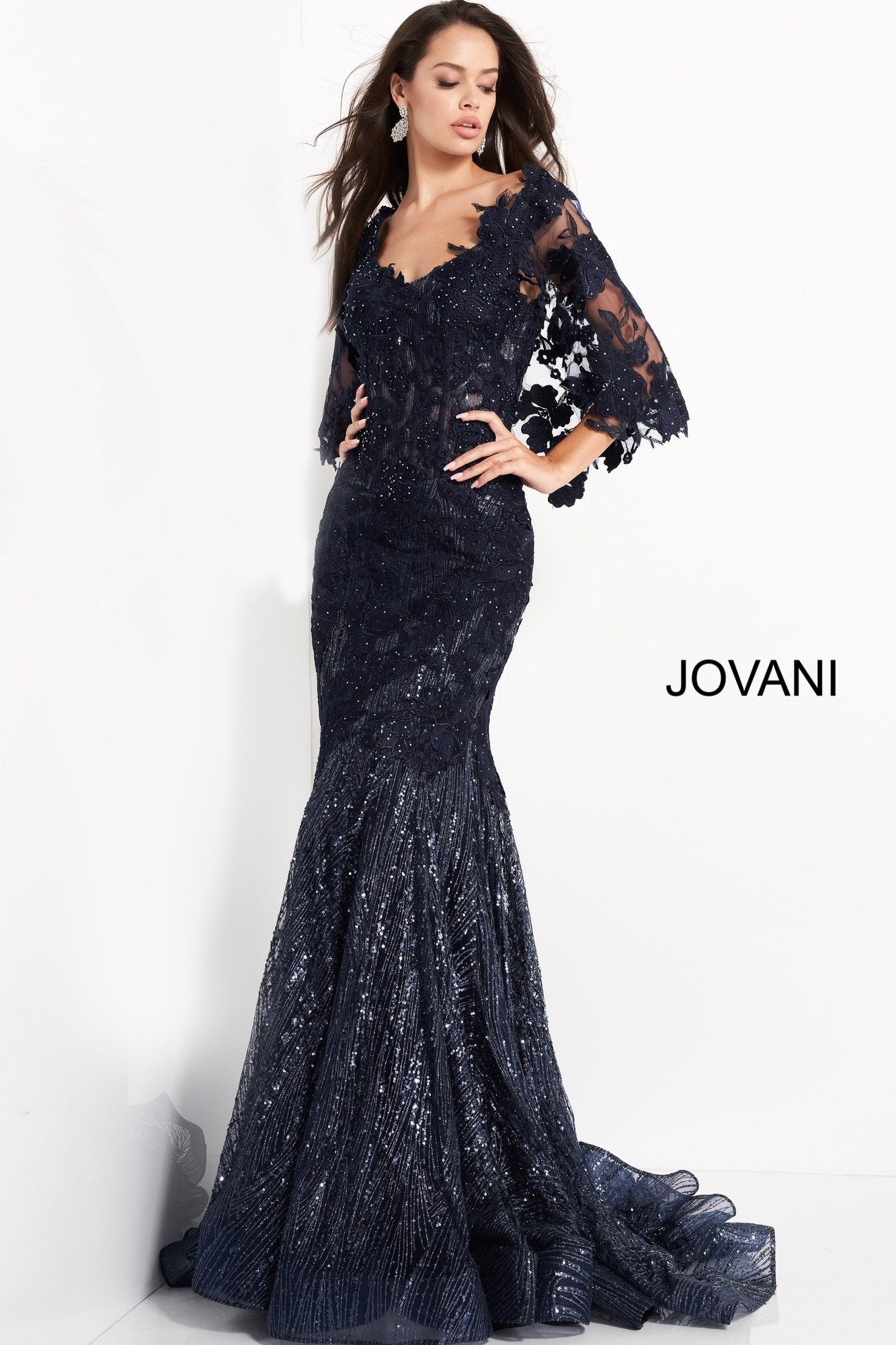 Cape Sleeve Lace Evening Gown Jovani 03158 Morvarieds Boutique