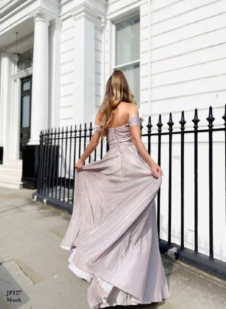 Off the Shoulder Glitter Ball Gown with Leg Slit | Jadore Dress JP127 - Morvarieds Fashion