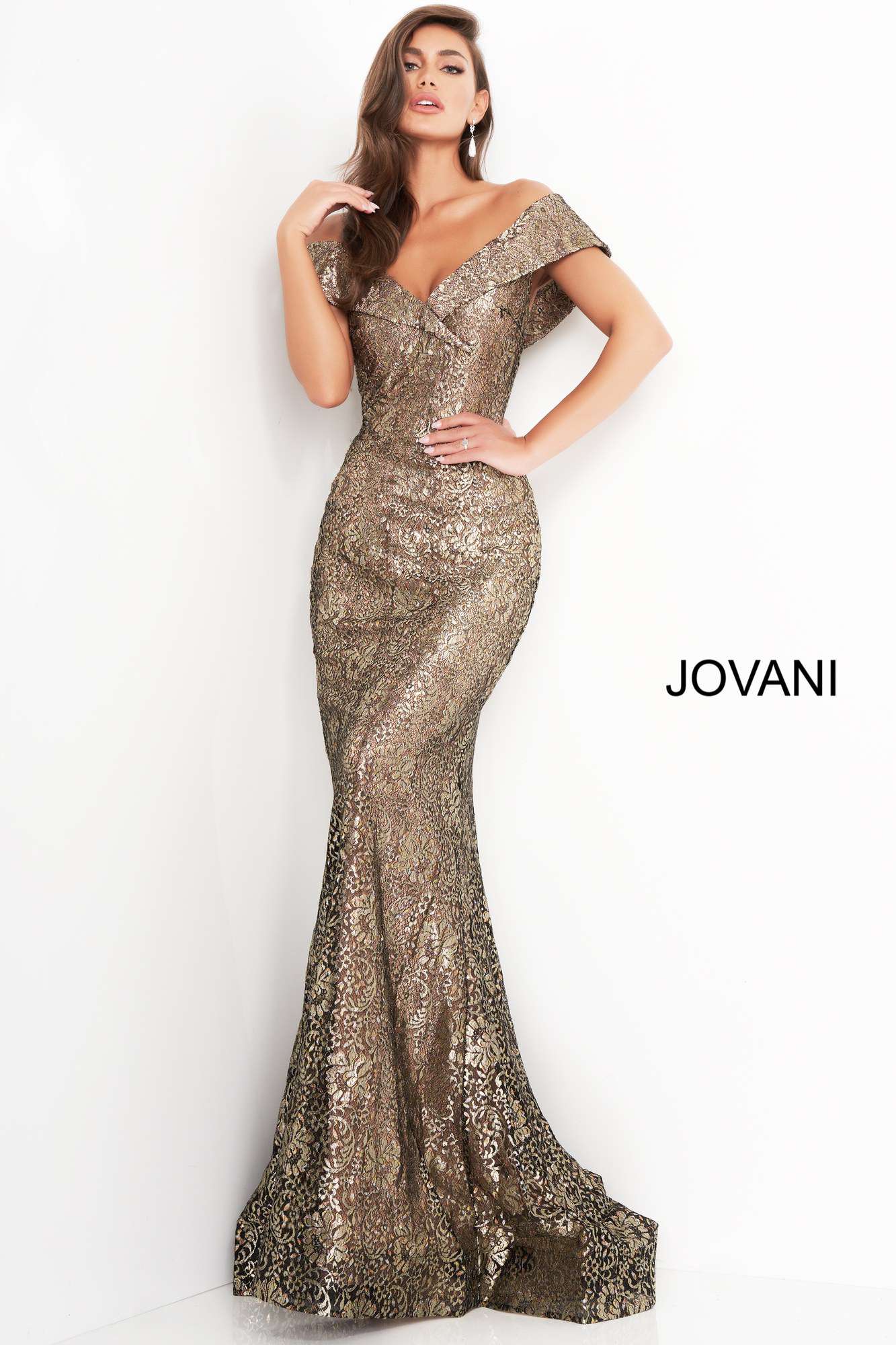 Black Gold Fitted V neck Evening Dress Jovani 02920 Morvarieds