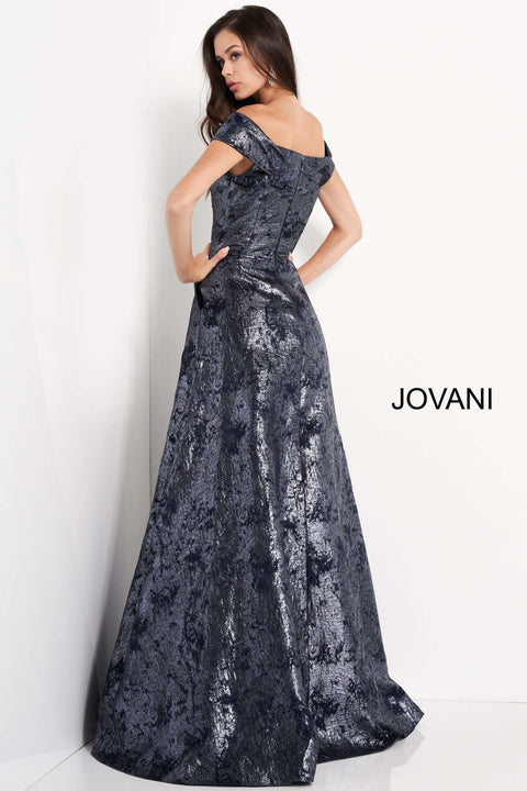 Navy Metallic Off the Shoulder Evening Dress Jovani 03674 - Morvarieds Fashion