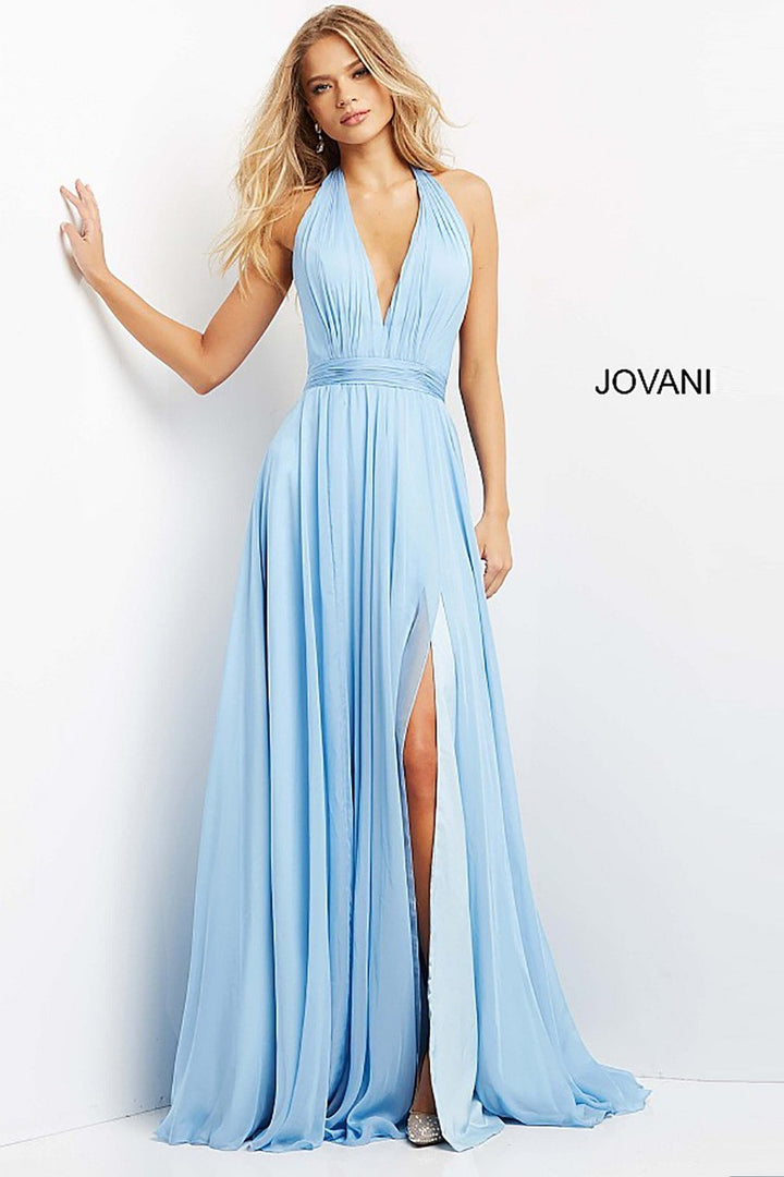 Light Blue Halter V Neck Chiffon Prom Dress Jovani 08682 - Morvarieds Fashion