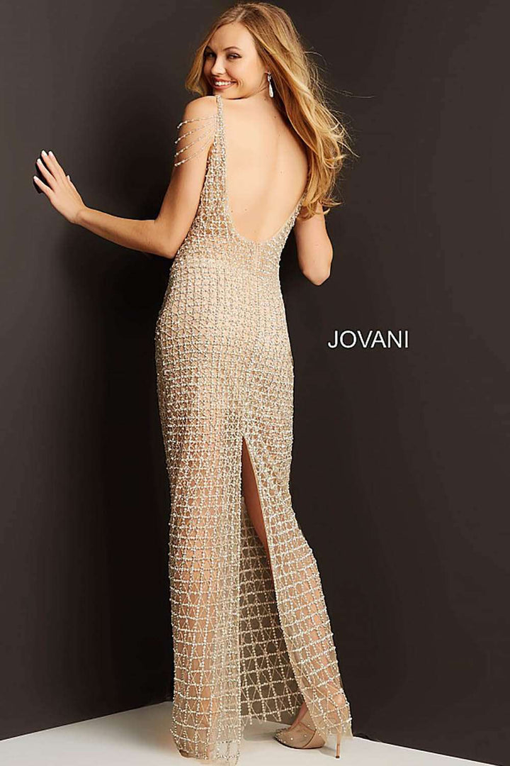 Nude Silver Beaded Sheer Prom Dress Jovani 05997 - Morvarieds Fashion