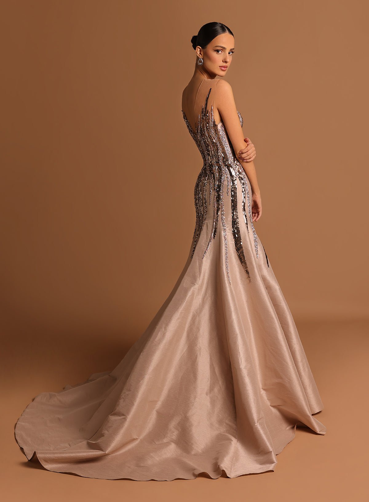 A line Gown with Shimmer Illusion Neckline Tarik Ediz Dress 98557