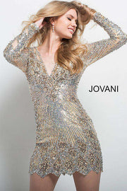 Long Sleeve V Neckline Embellished Cocktail Dress Jovani 27205 - Morvarieds Fashion