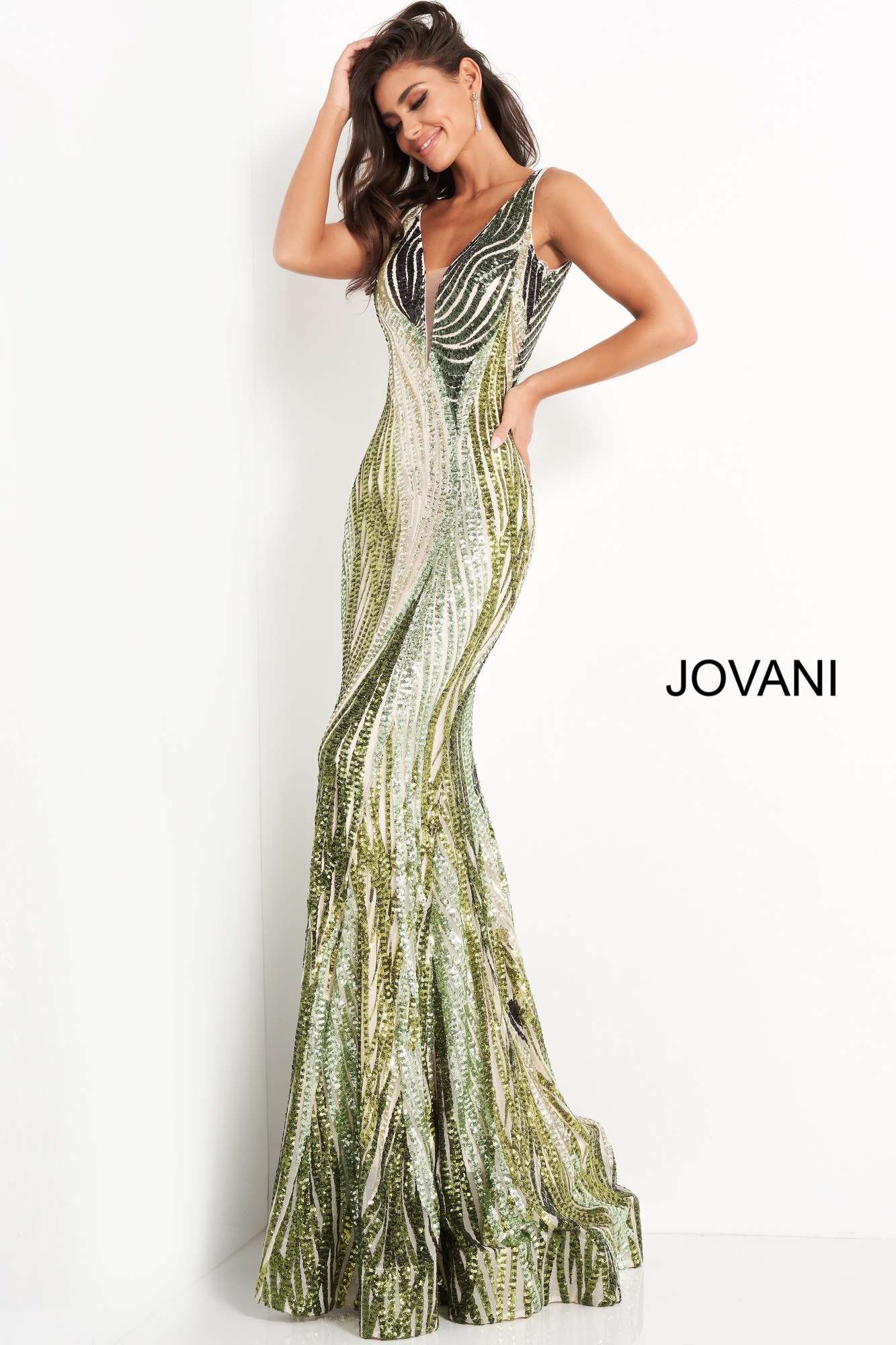 Green Embellished Plunging Neckline Prom Dress Jovani 05103