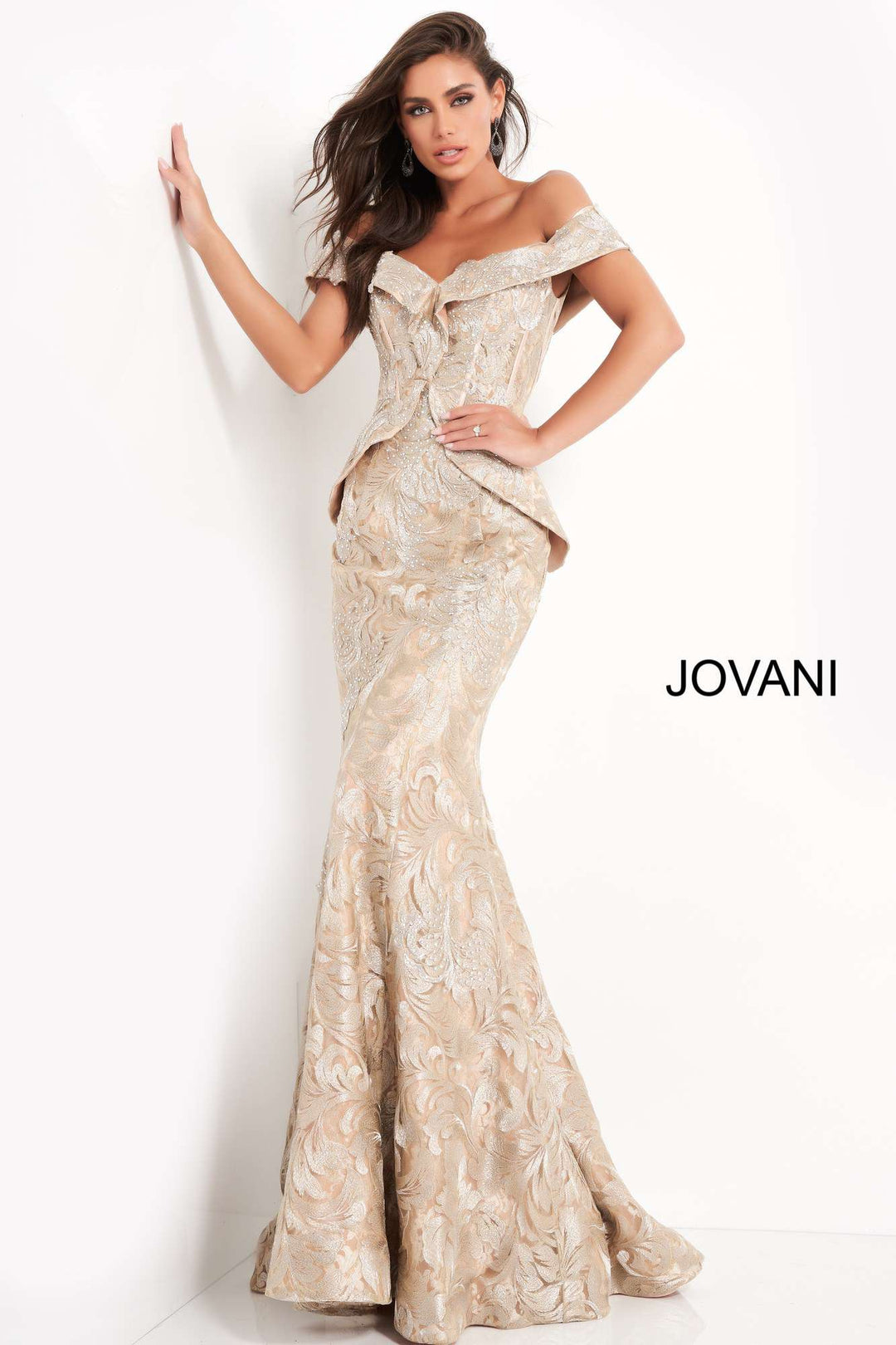 Gold Embellished Off the Shoulder Evening Dress Jovani 02762 - Morvarieds Fashion