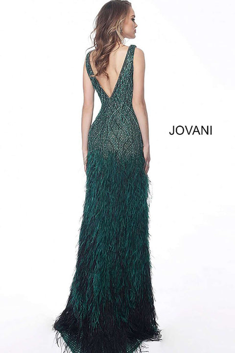 Emerald Feather Bottom Embellished Evening Dress Jovani 66003 - Morvarieds Fashion