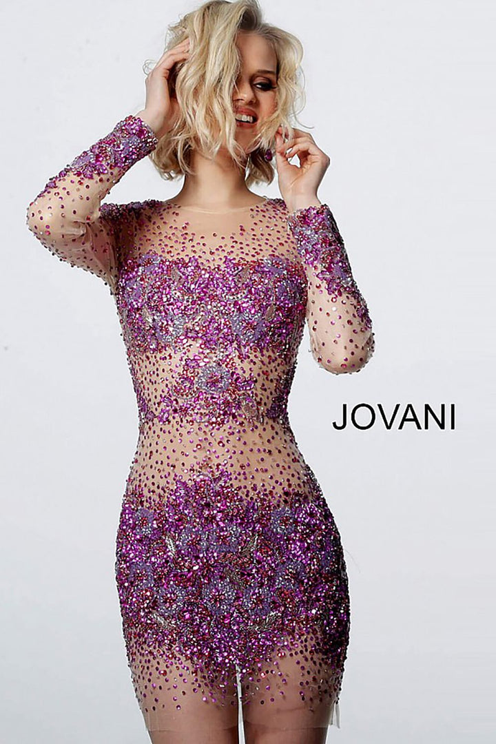 Sheer Beaded Long Sleeve Short Dress Jovani 47598 - Morvarieds Fashion